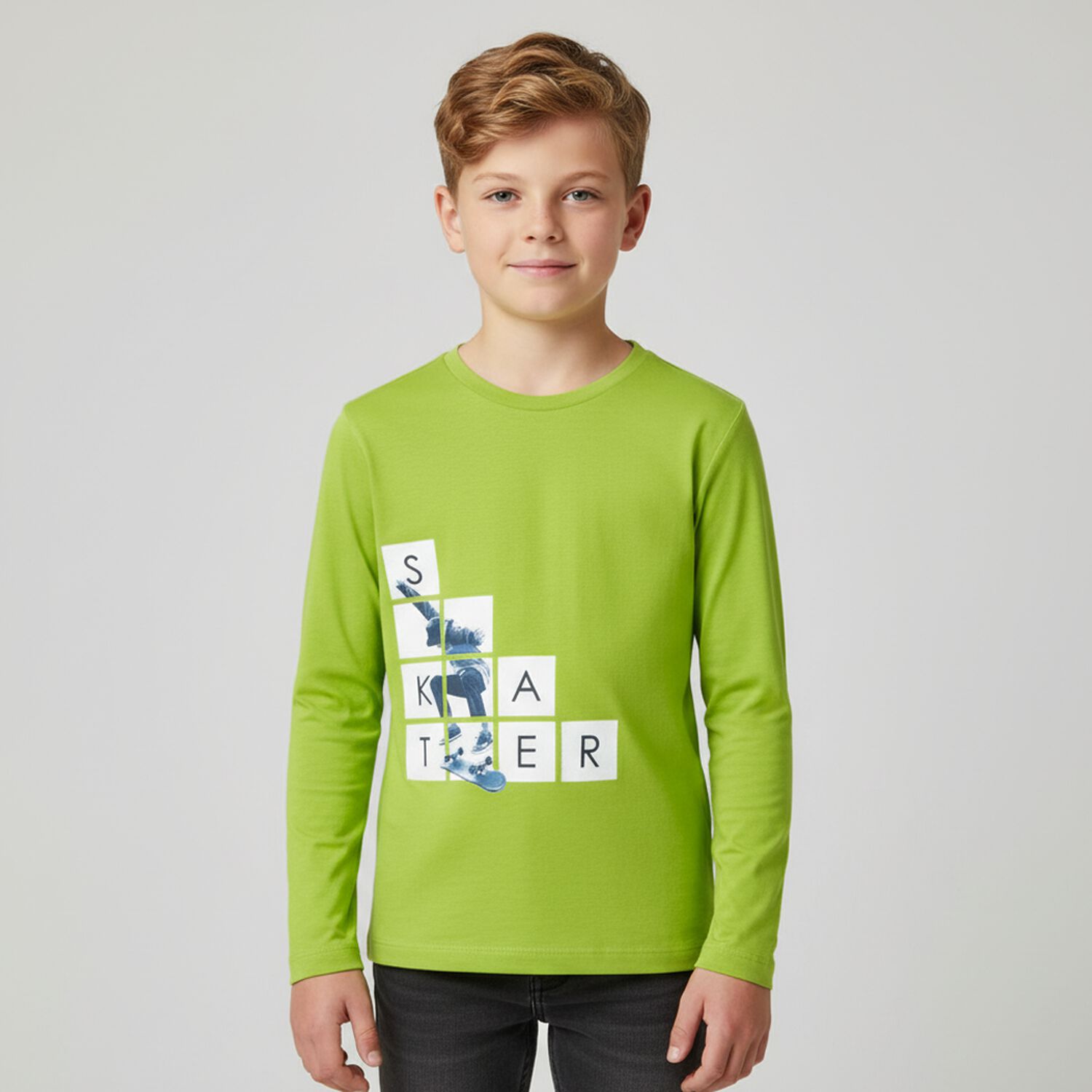 Boys Green Skater Long Sleeve Top, 1, hi-res