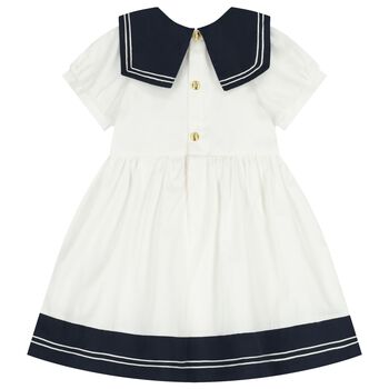 Younger Girls White & Navy Blue Logo Dress
