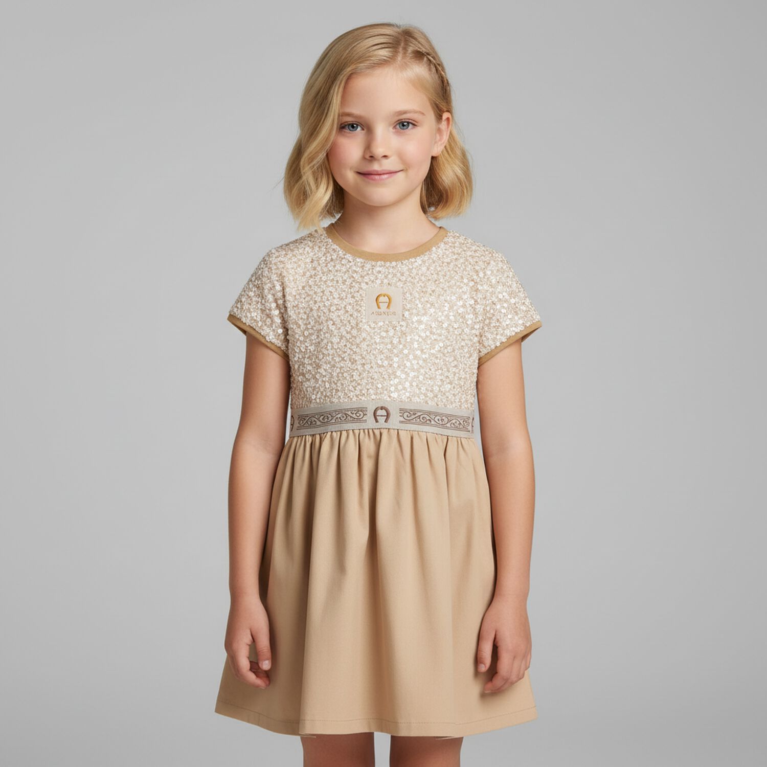 Girls Beige Lacy Knit Sequin Dress, 1, hi-res
