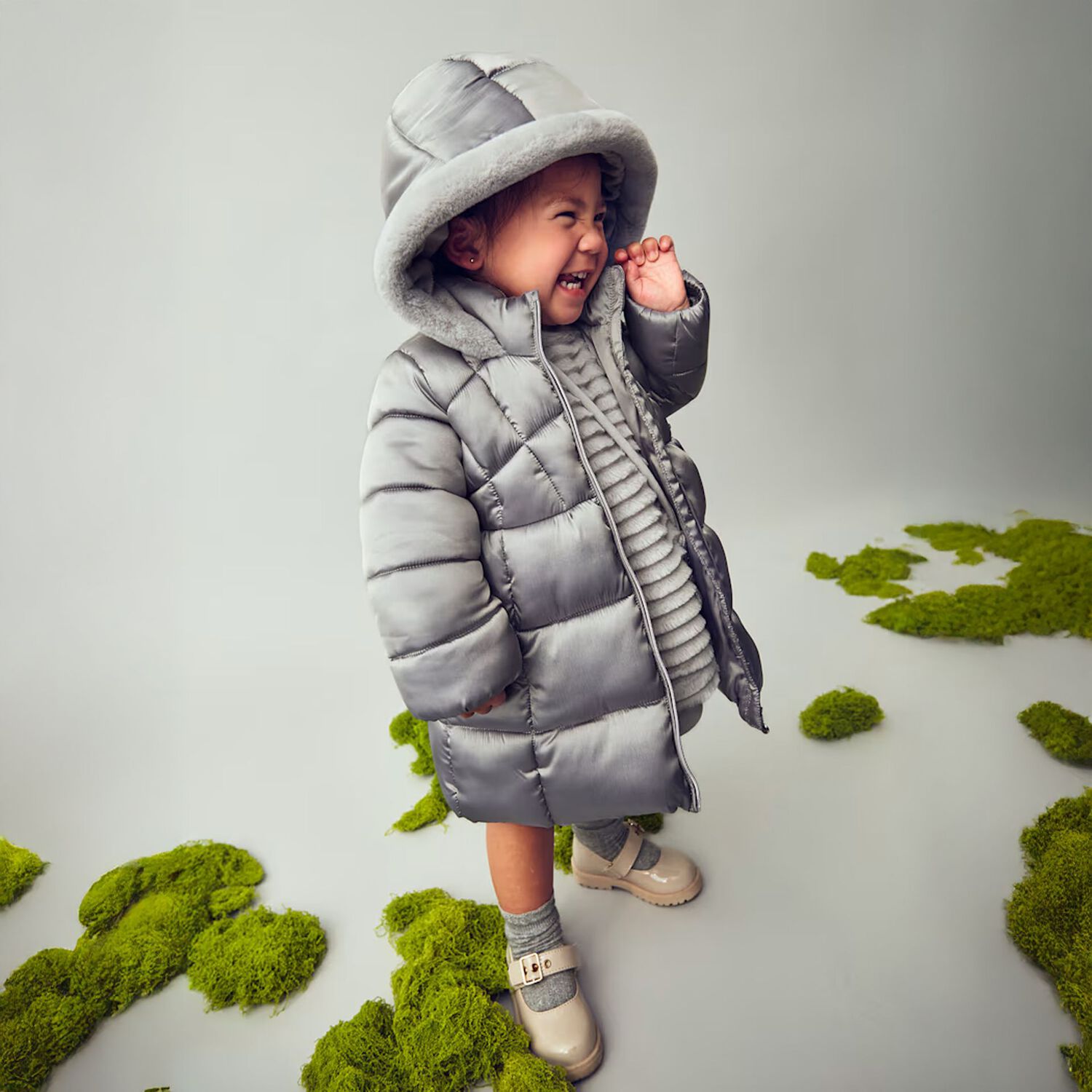 Younger Girls Grey Hooded Puffer Coat, 2, hi-res