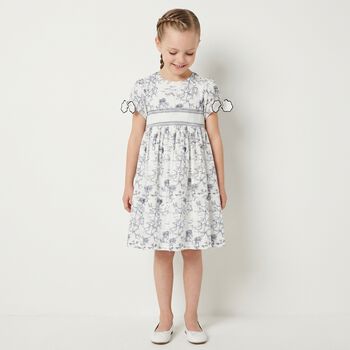 Girls White & Navy Blue Smocked Dress