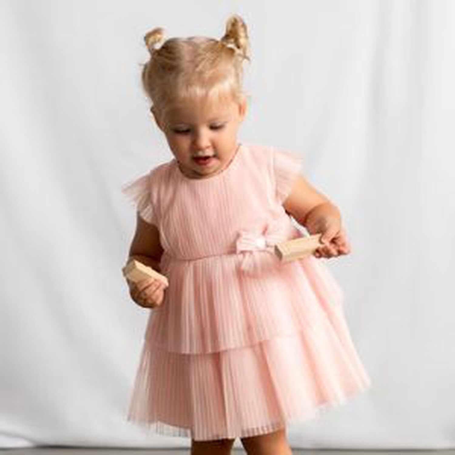 Younger Girls Pink Pleated Tulle Dress, 1, hi-res
