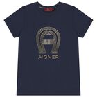 Boys Navy Blue & Gold Logo T-Shirt, 2, hi-res