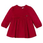 Younger Girls Red Velvet Pleated Dress, 3, hi-res