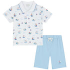 Baby Boys White & Blue Boats At Sea Shorts Set, 1, hi-res