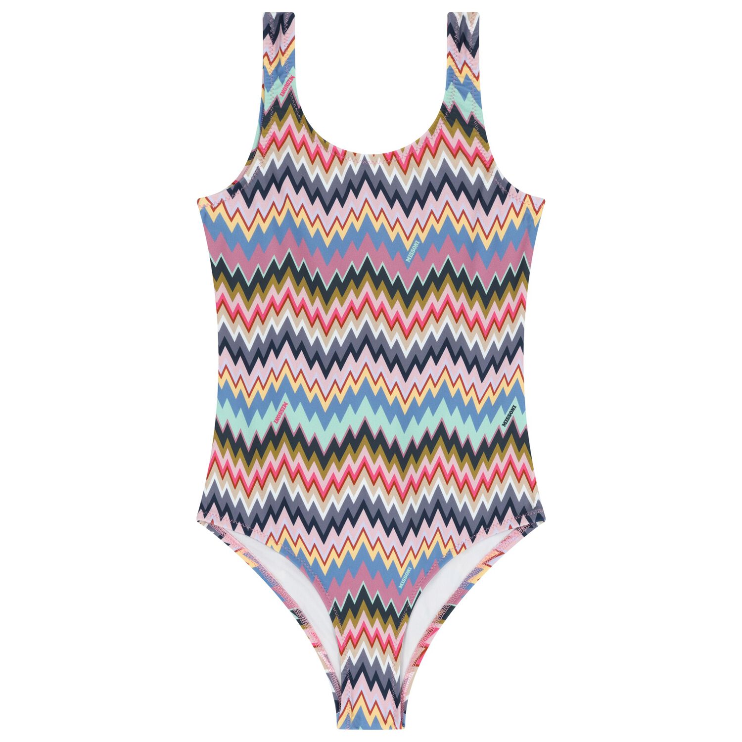 Girls Pink Multicolor Zigzag Swimsuit, 1, hi-res