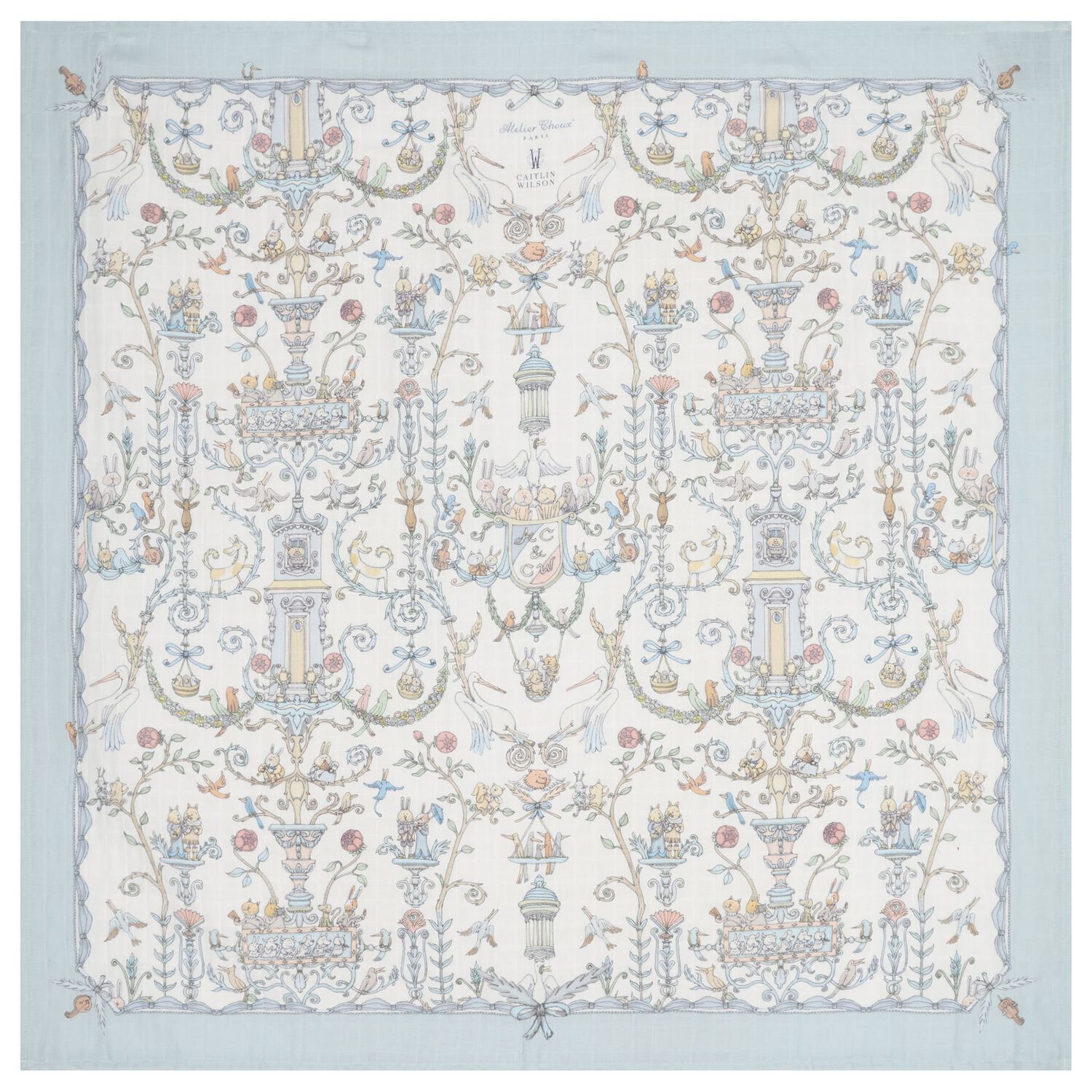 Baby Boys White & Blue Toile de Jouy Carré Swaddle & Bib Gift Set, 1, hi-res