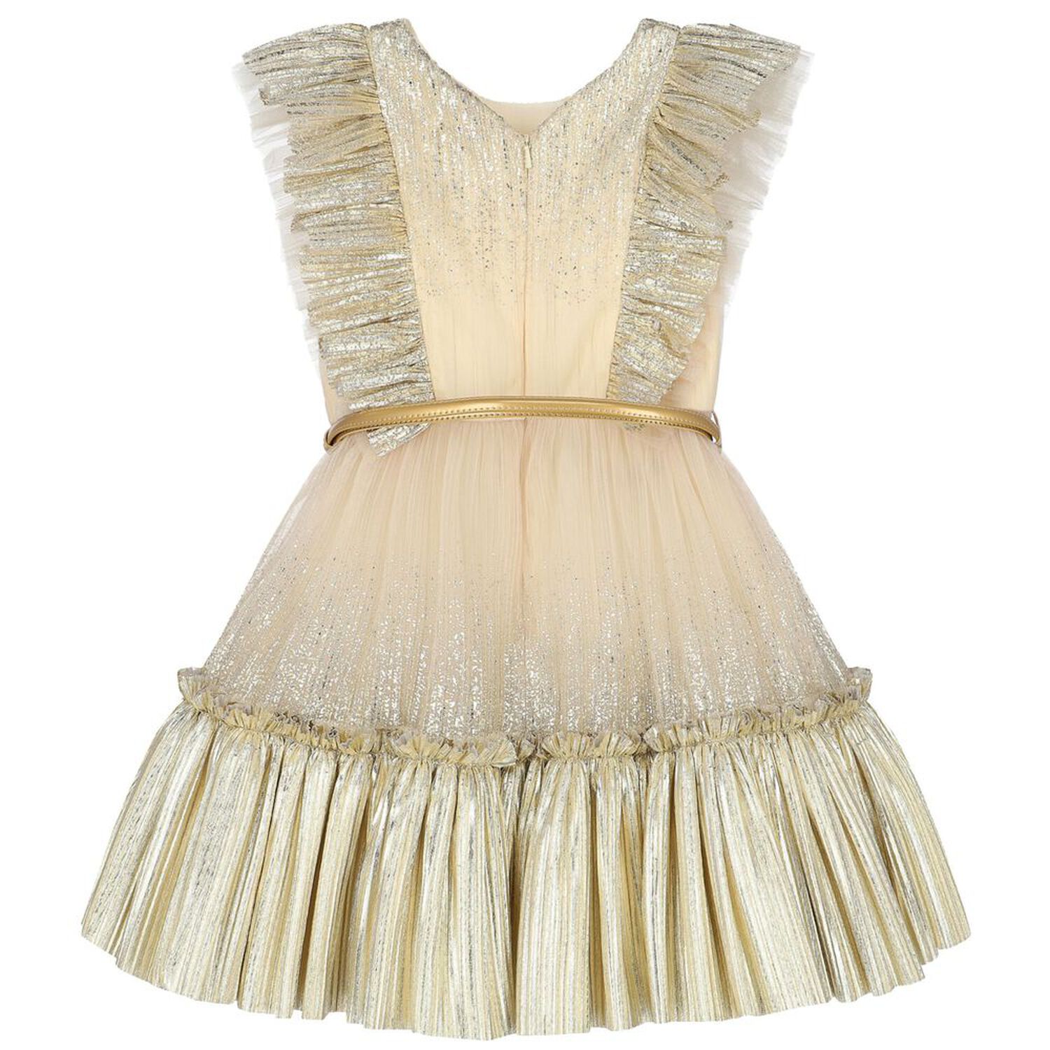 Girls Gold Tulle Ruffled Dress, 2, hi-res