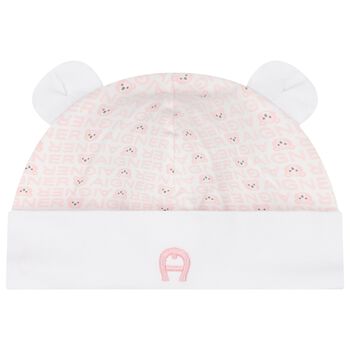 Baby Girls White & Pink Teddy Bear Hat