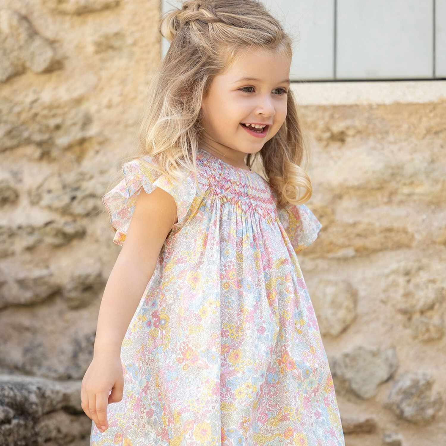 Younger Girls Blue, Yellow & Pink Liberty Dress, 2, hi-res