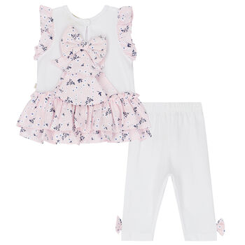 Younger Girls White & Pink Ruffled Leggings Set