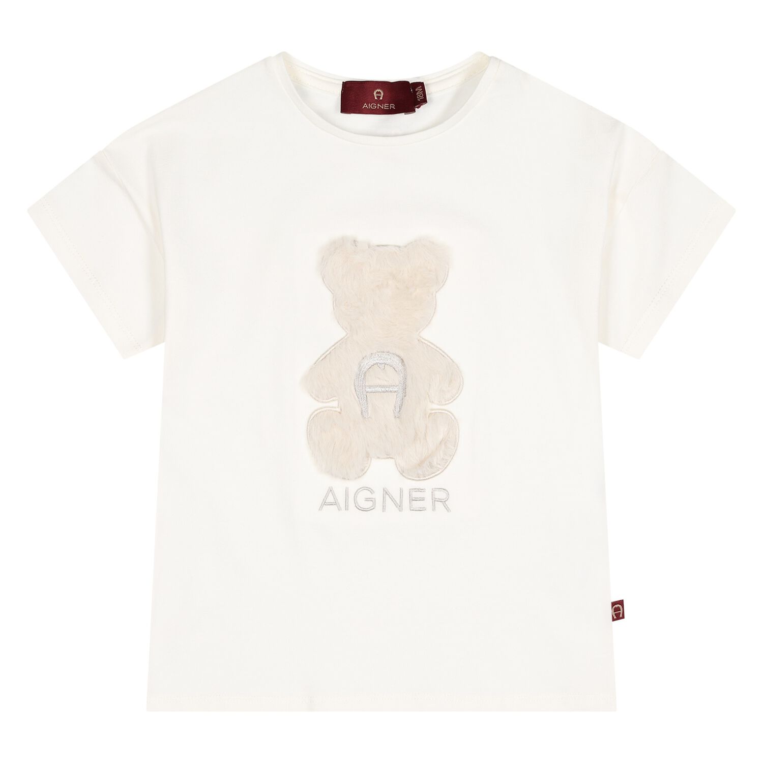 Younger Girls Ivory Faux Fur Teddy Bear Logo T-Shirt, 1, hi-res