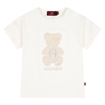 Younger Girls Ivory Faux Fur Teddy Bear Logo T-Shirt
