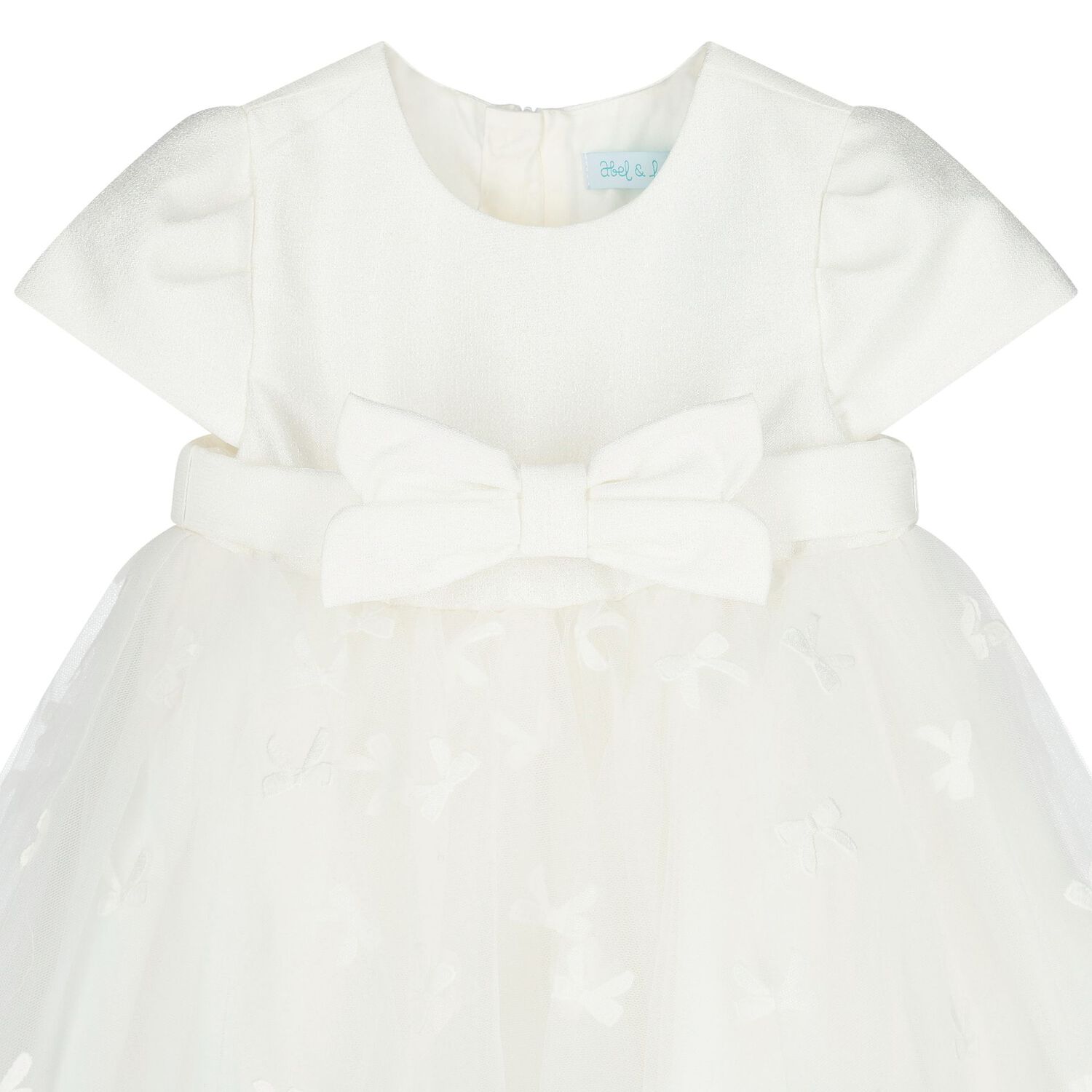 Younger Girls White Bow Tulle Dress, 1, hi-res
