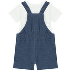 White & Blue Teddy Bear Dungaree Set, 1, hi-res