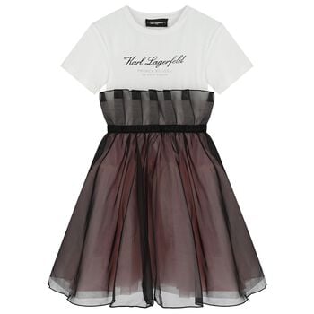 Girls White & Black Organza Dress