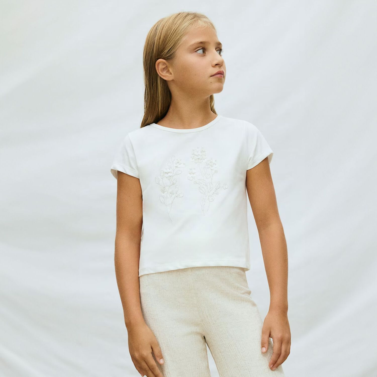Girls White Embellished T-Shirt, 1, hi-res