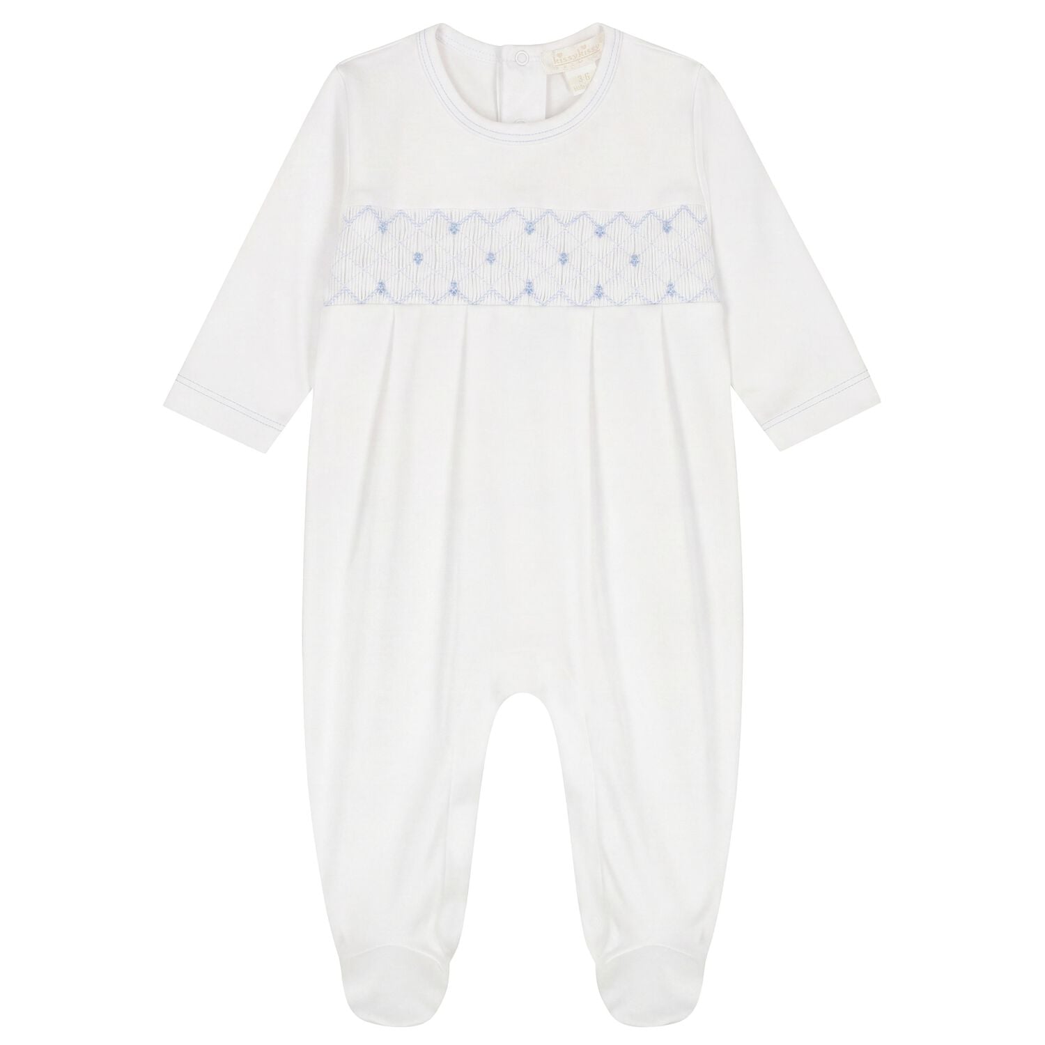 Baby Boys White & Blue Hand Smocked Babygrow, 1, hi-res