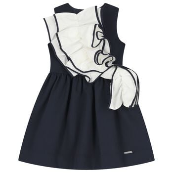 Girls Navy Blue & White Ruffled Dress