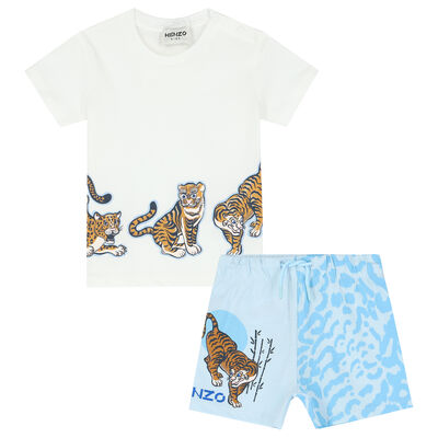 Younger Boys White & Blue Tiger Shorts Set