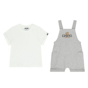 Younger Grey & White Teddy Bear Logo Dungaree Set