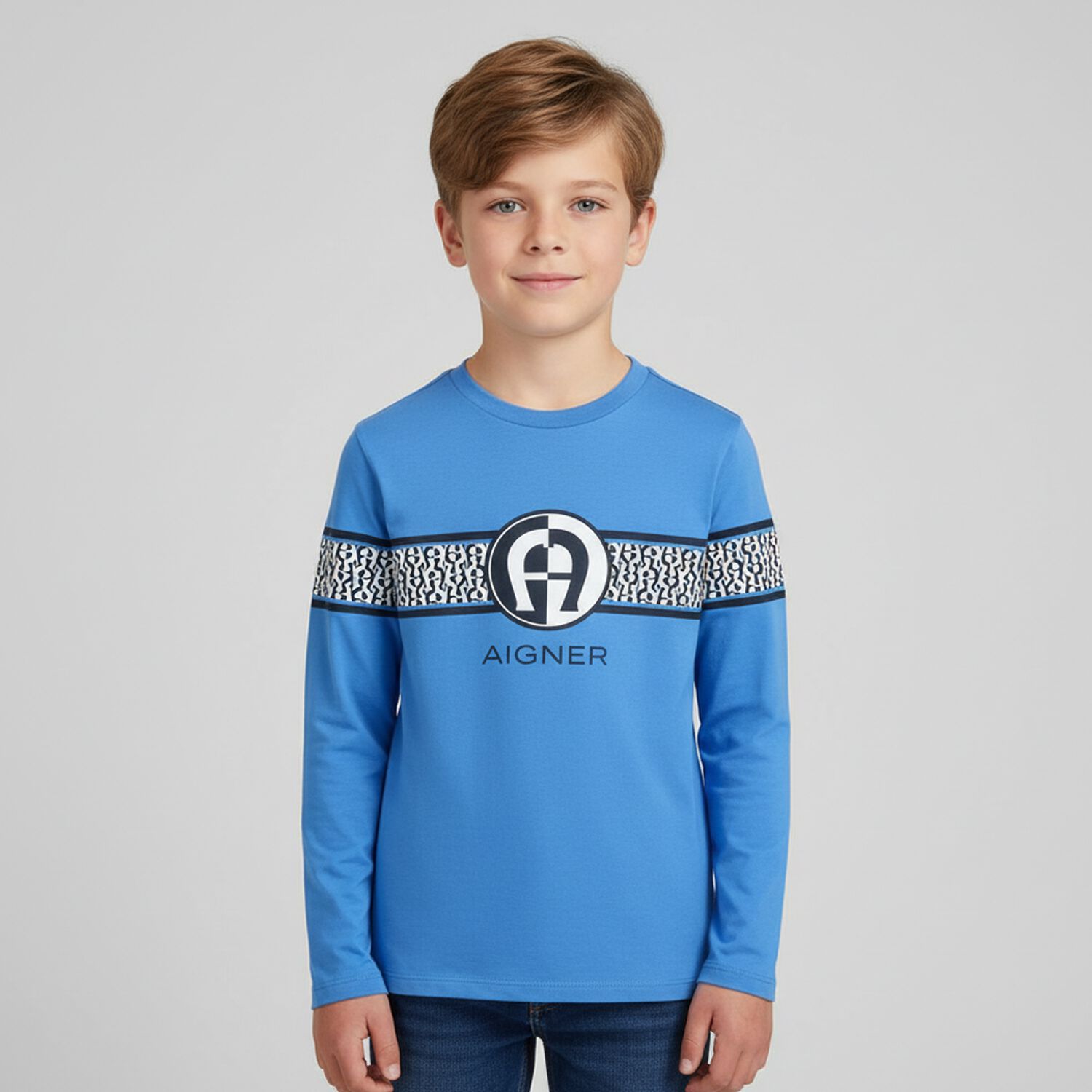 Boys Blue Logo Long Sleeve Top, 1, hi-res