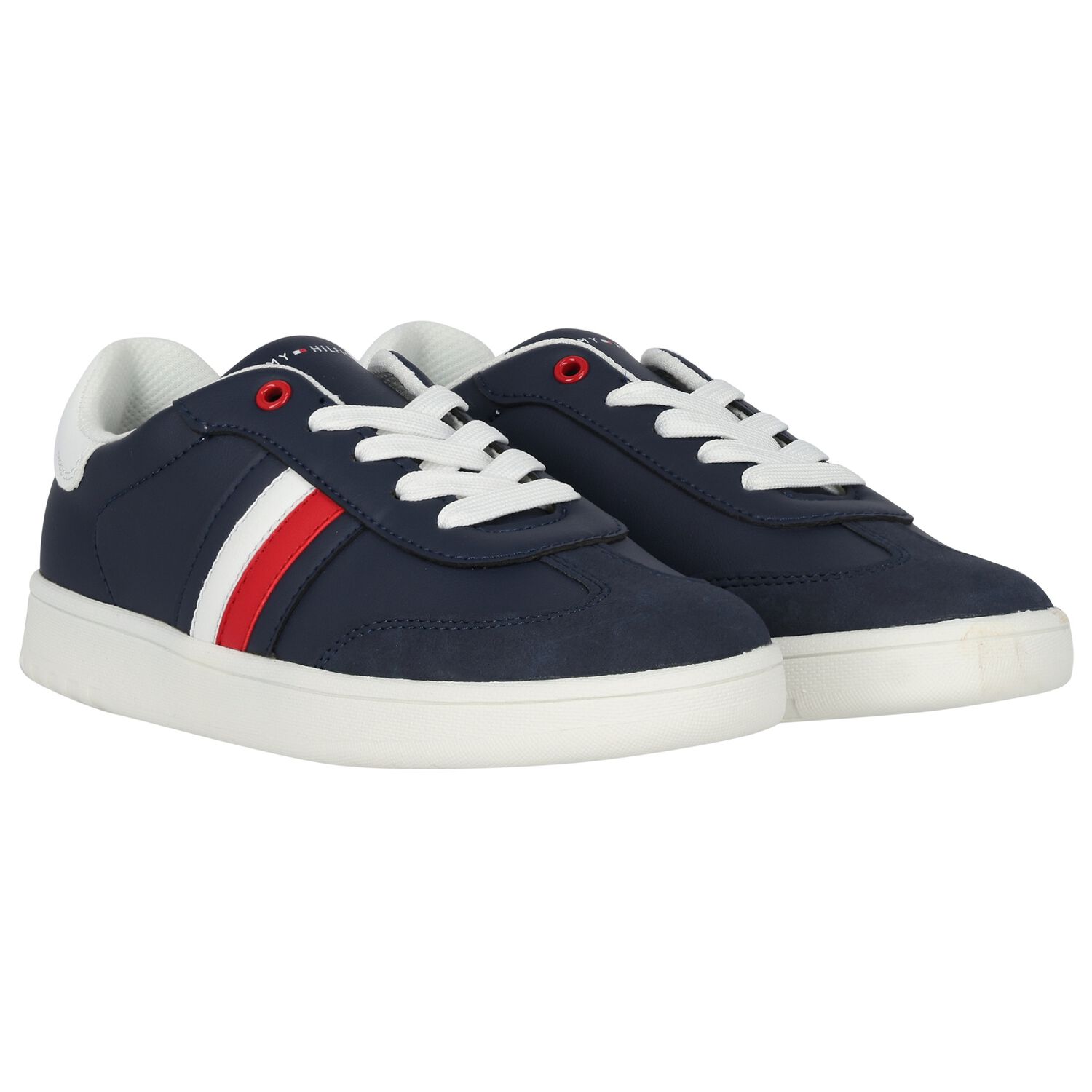 Boys Navy Blue Logo Leather Trainers, 1, hi-res