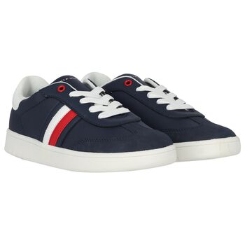 Boys Navy Blue Logo Leather Trainers