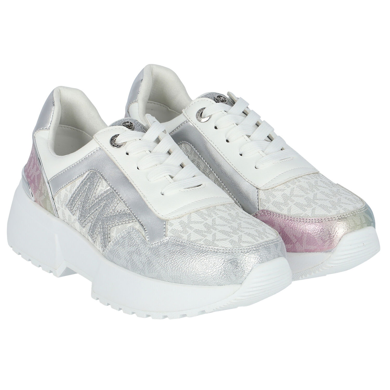 Girls White & Silver Logo Trainers, 1, hi-res