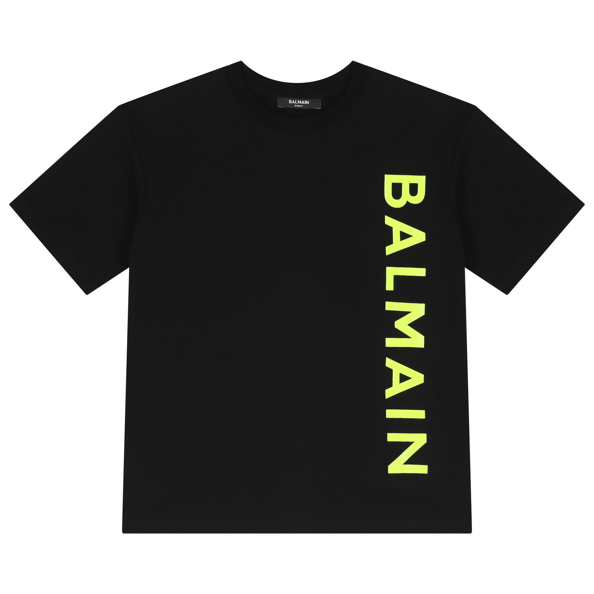 Balmain Black Neon Yellow Logo T Shirt Junior Couture UK