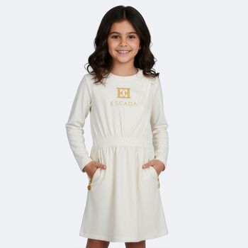 Girls Ivory & Gold Logo Dress