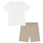 Boys White & Beige Shorts Set, 1, hi-res