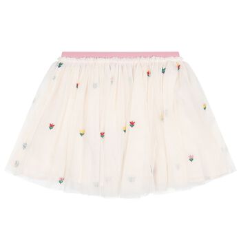 Girls Ivory & Pink Floral Tulle Skirt