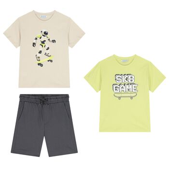 Boys Green, Beige & Grey Shorts Set
