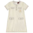Girls Ivory & Gold Logo Dress, 1, hi-res