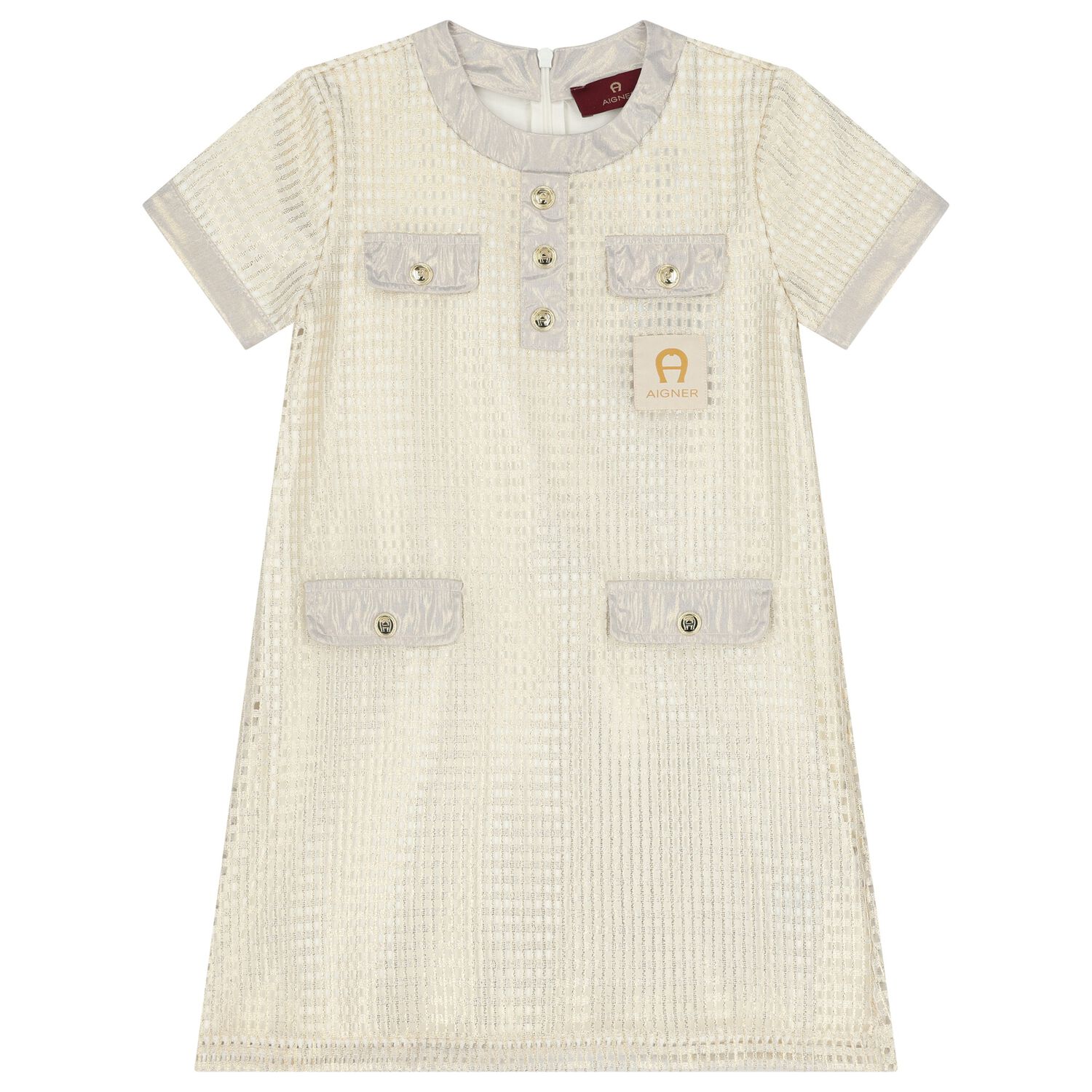 Girls Ivory & Gold Logo Dress, 1, hi-res