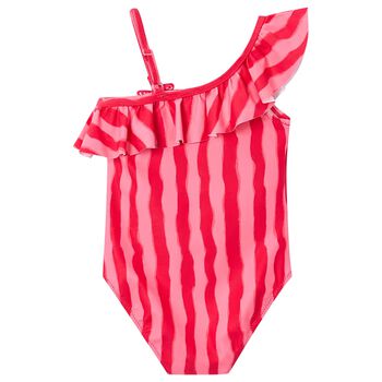 Girls Red & Pink Striped Swimsuit
