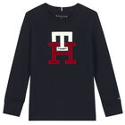 Boys Navy Blue Logo Long Sleeve Top, 2, hi-res