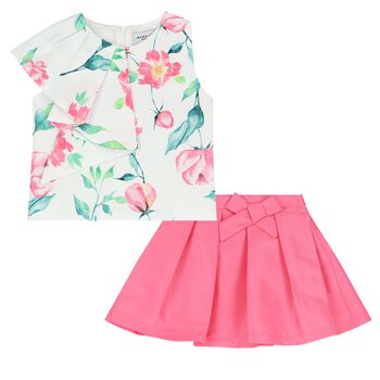 Girls White & Pink Floral Skirt Set