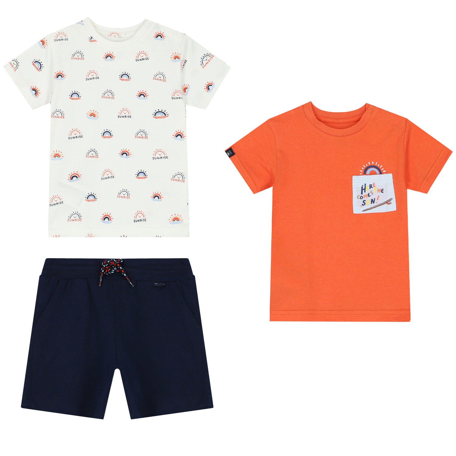 Younger Boys Orange, Navy & Ivory Shorts Set, 1, hi-res
