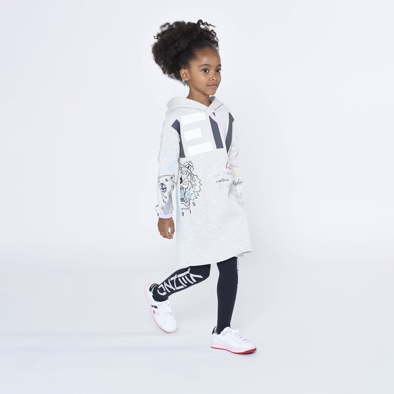 Girls Grey Logo Hooded Dress, 1, hi-res