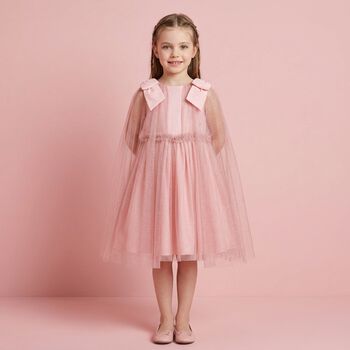 Girls Pink Tulle & Chiffon Cape Dress