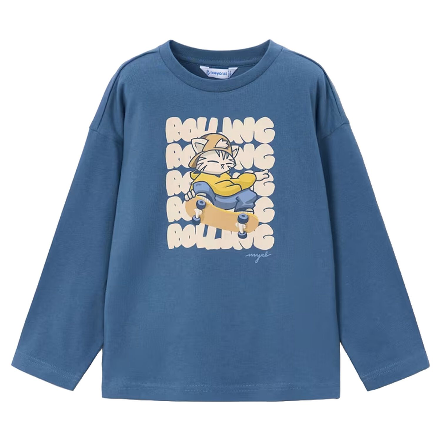 Boys Blue Cat Long Sleeve Top, 1, hi-res