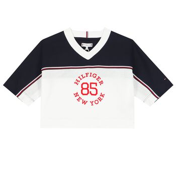 Girls White & Navy Blue Logo T-Shirt