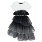 Girls White & Black Tulle T-Shirt Dress, 1, hi-res
