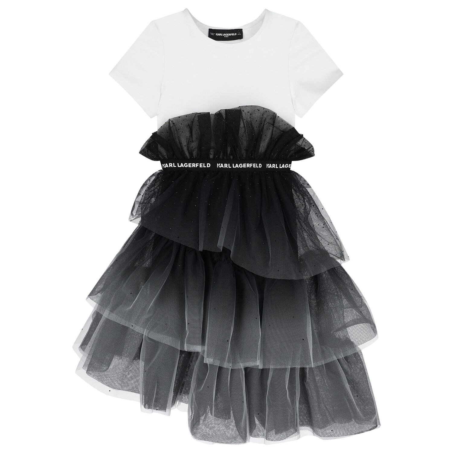 Girls White & Black Tulle T-Shirt Dress, 1, hi-res