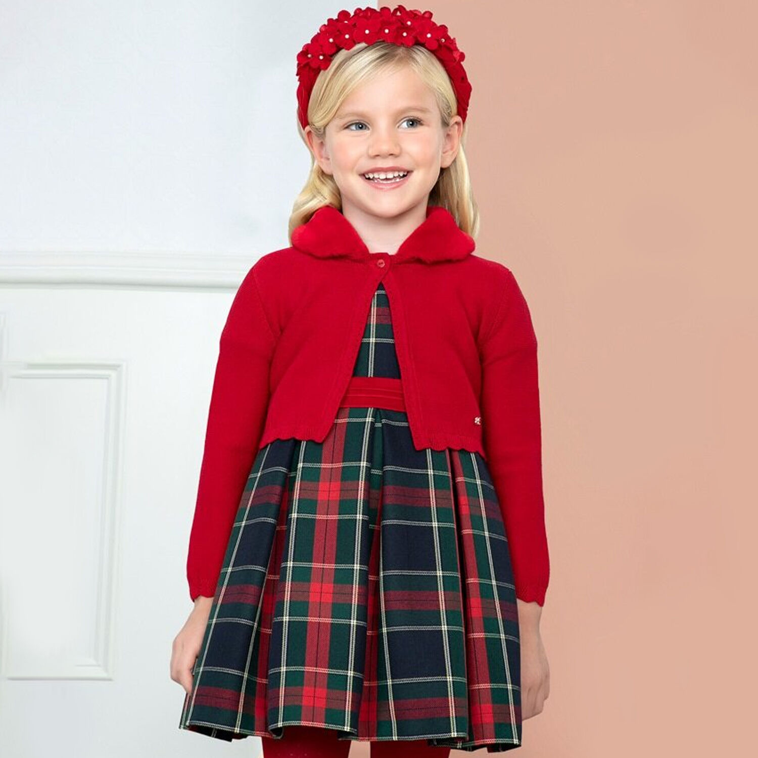 Girls Red Faux Fur Collar Cardigan, 1, hi-res