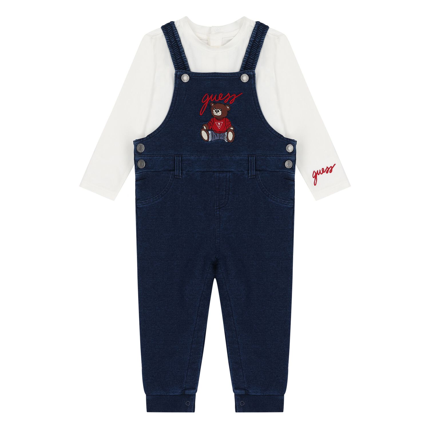 Baby Boys Navy Blue Logo Teddy Bear Dungaree Set, 1, hi-res