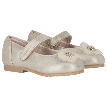 Younger Girls Gold Diamante Flower Shoes
