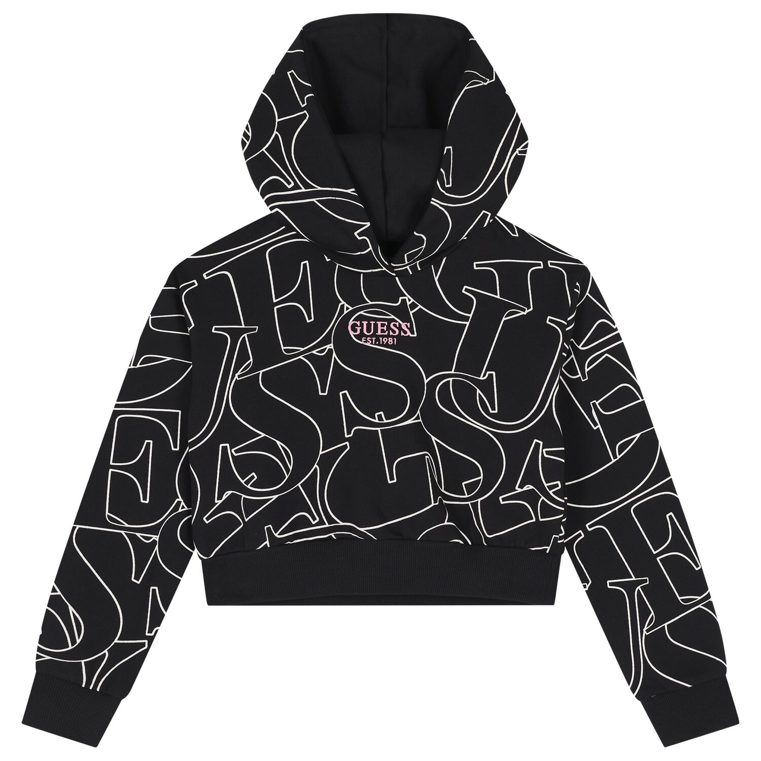 Girls Black Logo Hooded Top, 2, hi-res